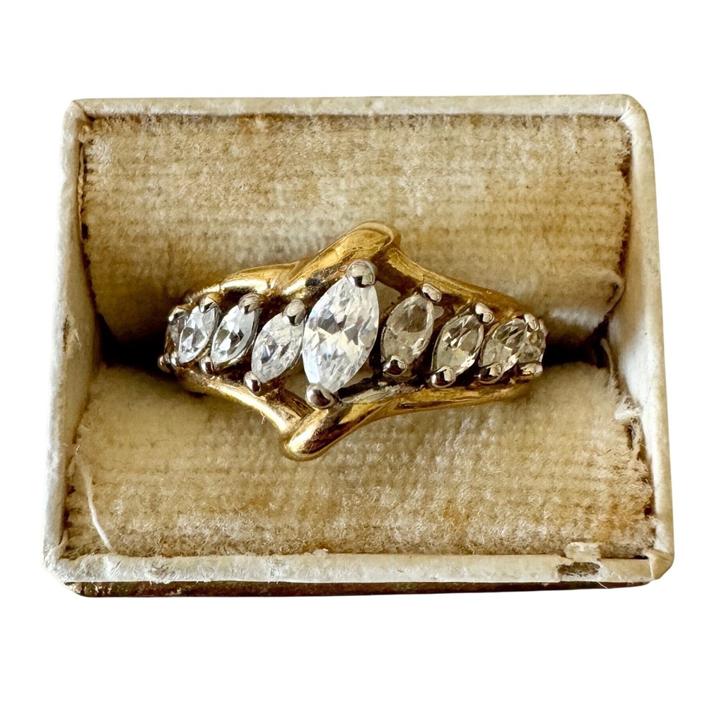 Vintage CZ Cubic Zirconia Marquise Cut Band Ring 1980s Gold Tone Size 5